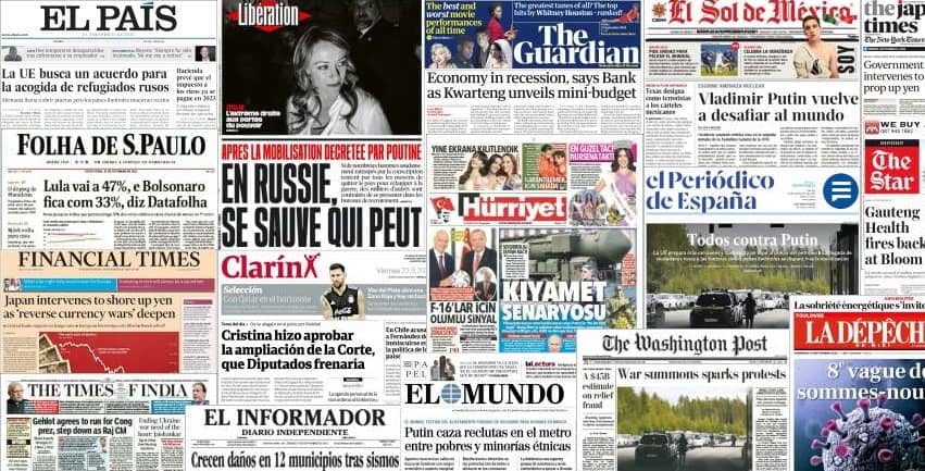 Quelques unes de presse du 23 septembre 2022
